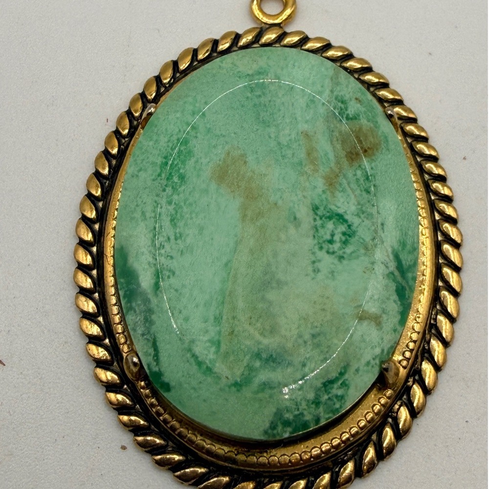 Vintage Green Stone or Glass Pendant Gold Tone Oval Open Back